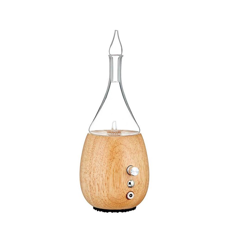 Organic Aromas Raindrop 3.0 nebulizing diffuser with hand-blown glass reservoir and wood base